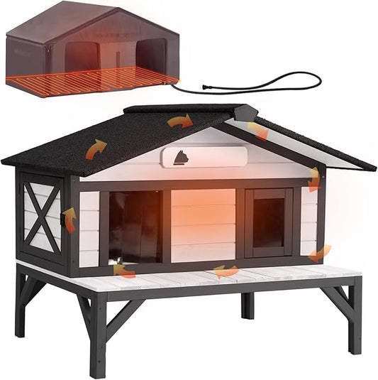 GUTINNEEN Heated Outdoor Cat House Insulated Feral Cat Shelter Weatherproof for Winter with Heater and Insulated Liner, 39.1" L x 31.7" W x 30.4" H, White and Black