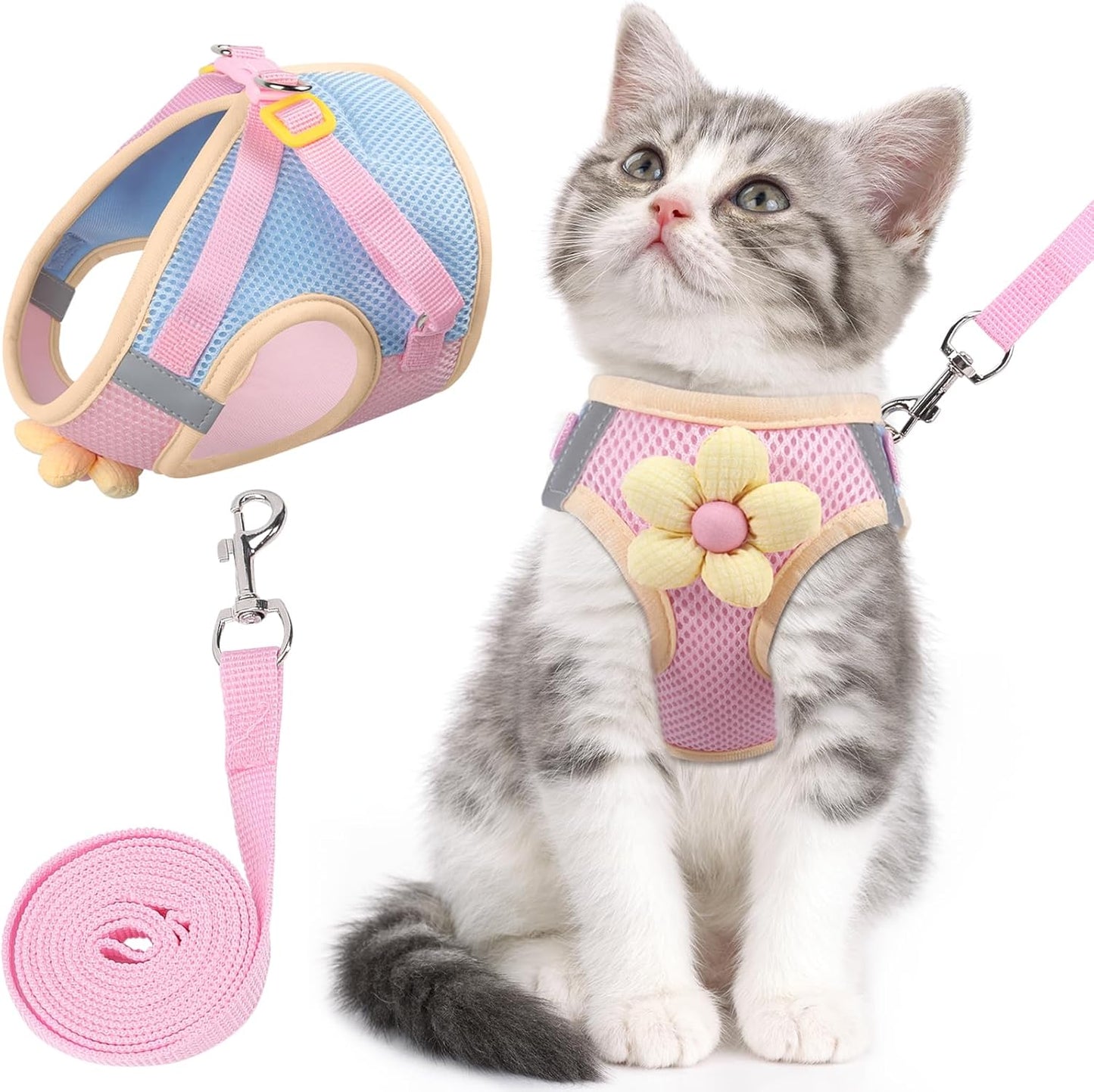 Cat Harness and Leash Set for Walking Escape Proof, Adjustable Kitten Harness Breathable Mesh with Reflective Strips Harness with Flower for Kitty Puppy Bunny Pink M