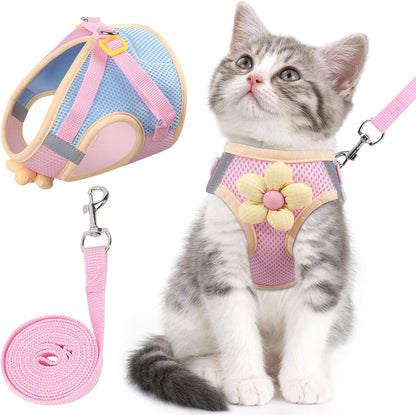 Cat Harness and Leash Set for Walking Escape Proof, Adjustable Kitten Harness Breathable Mesh with Reflective Strips Harness with Flower for Kitty Puppy Bunny Pink M