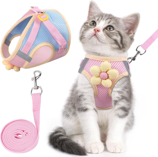 Cat Harness and Leash Set for Walking Escape Proof, Adjustable Kitten Harness Breathable Mesh with Reflective Strips Harness with Flower for Kitty Puppy Bunny Pink M