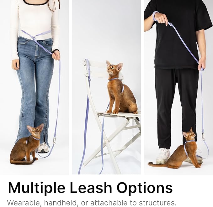 Ultra Lightweight Cat Leash Adjustable with Padded Handle, Soft Thin Nylon Cat Walking Training Waist Crossbody Leash for Kitten>4lbs Small Medium Large Cats, Puppy, No Harness (Space Gray)