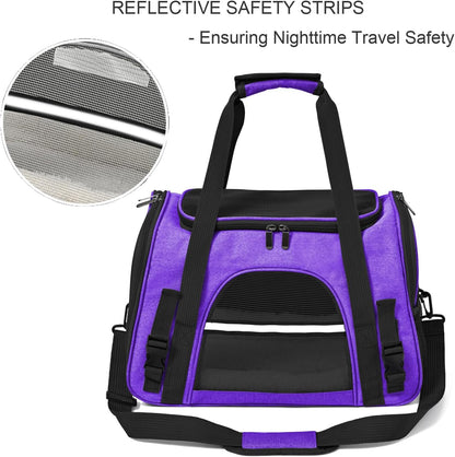 Dog Cat Carrier Soft for Small Pet Up to 16 Lbs TSA Airline Approved Travel Carrier Collapsible Puppy Car Mesh Bag 17.5 * 10.2 * 11.4 inch - Purple