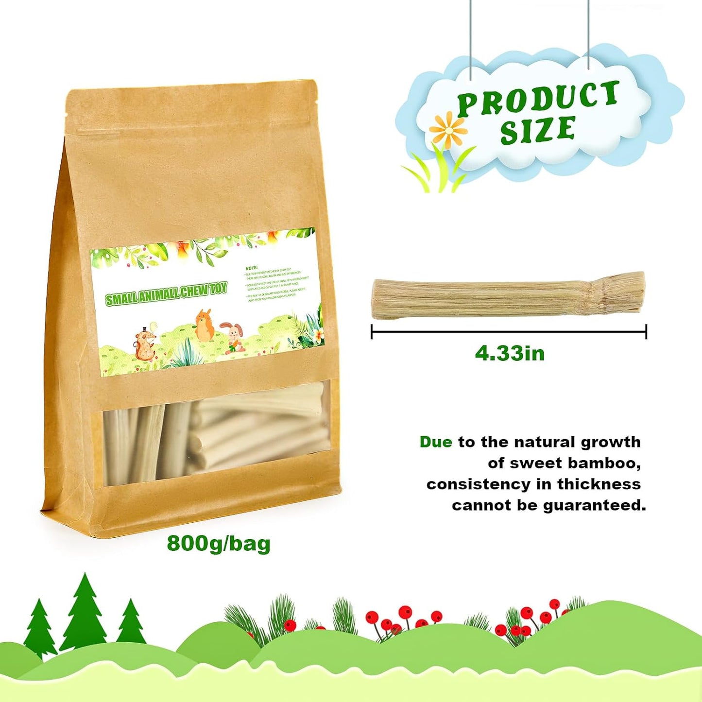 800g/1.76lb Bunny Toys Sweet Bamboo Sticks for Rabbits Bunny Chew Toys Molar Treats Snack for Small Animals Hamsters Chinchillas Guinea Pigs