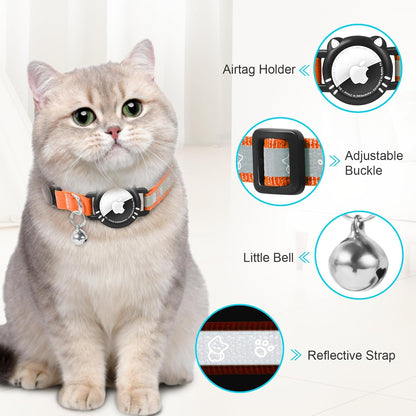 Airtag Cat Collar, Reflective Cat Collar with Apple Air Tag Holder, Breakaway GPS Tracker Pet Collar with Bell for Cat Kitten, Airtag Not Included, Orange, S(9-11 Inch)