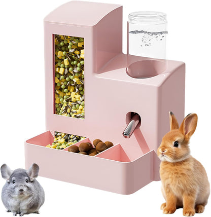 2 in 1 Guinea Pig Food Water Dispenser, Rabbit Water Bottle Leak-Proof, 2 in 1 No-Drip Automatic Dispenser for Guinea Pig Cage, Chinchilla, Ferret, Hamster Small Animal Waterer (Pink, 2 in 1)