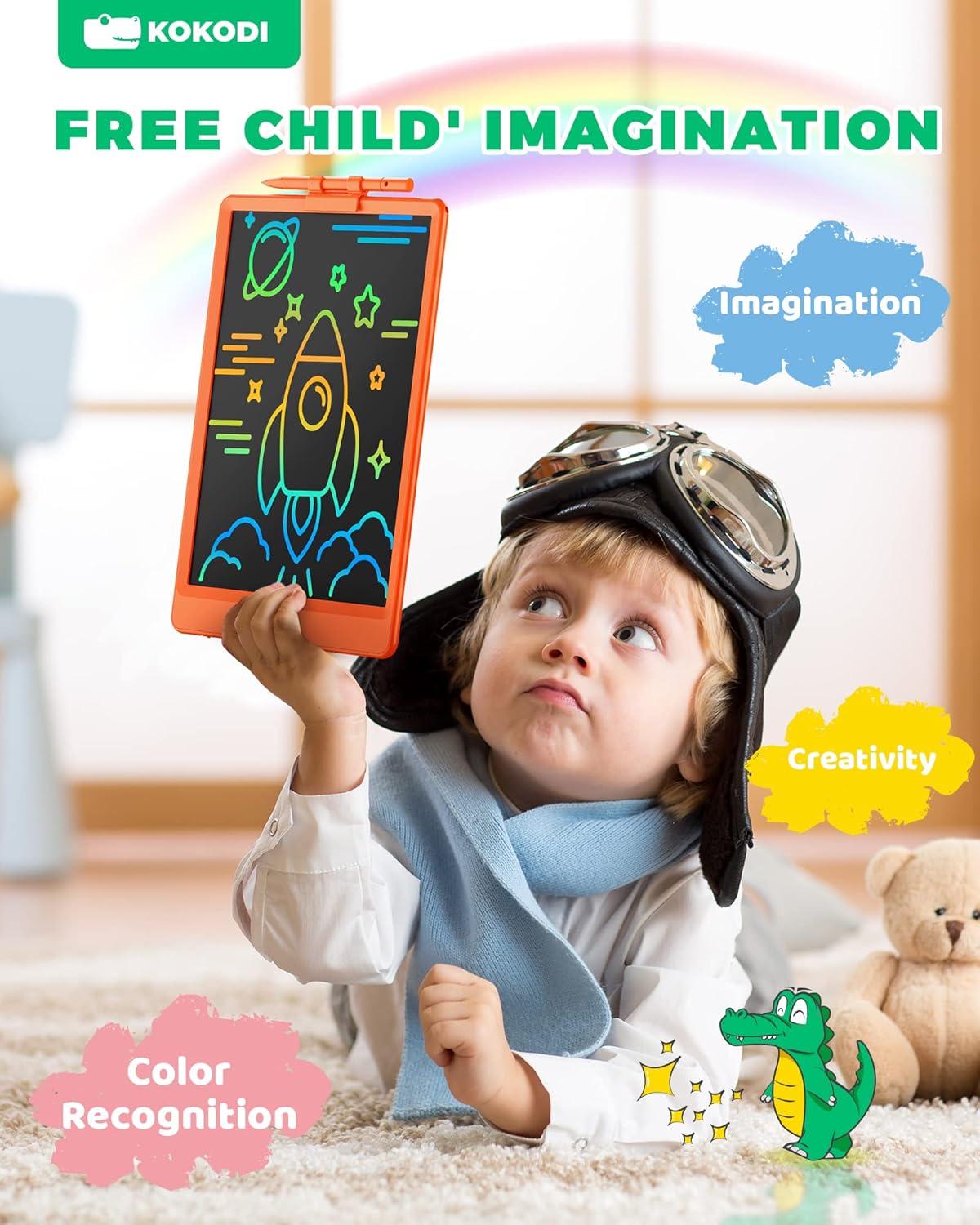 KOKODI LCD Writing Tablet, 10 Inch Colorful Doodle Board Drawing Tablet, Erasable Reusable Electronic Drawing Pads, Educational and Learning Toy for 3-6 Years Old Boy and Girls