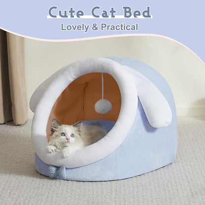 Jiupety Cute Cat Bed for Indoor Cats, Warm Soft Cave Fit for Cat Up to 16 Lb and Puppy, Big Ear, M
