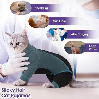 SUNFURA Hair Sticky Cat Clothes, Cat Sweater for Cats Only, 4-Legged Fleece Sweaters Kitten Pajamas Reduce Shedding Fur, Warm Pullover Shirts for Cats, Green M