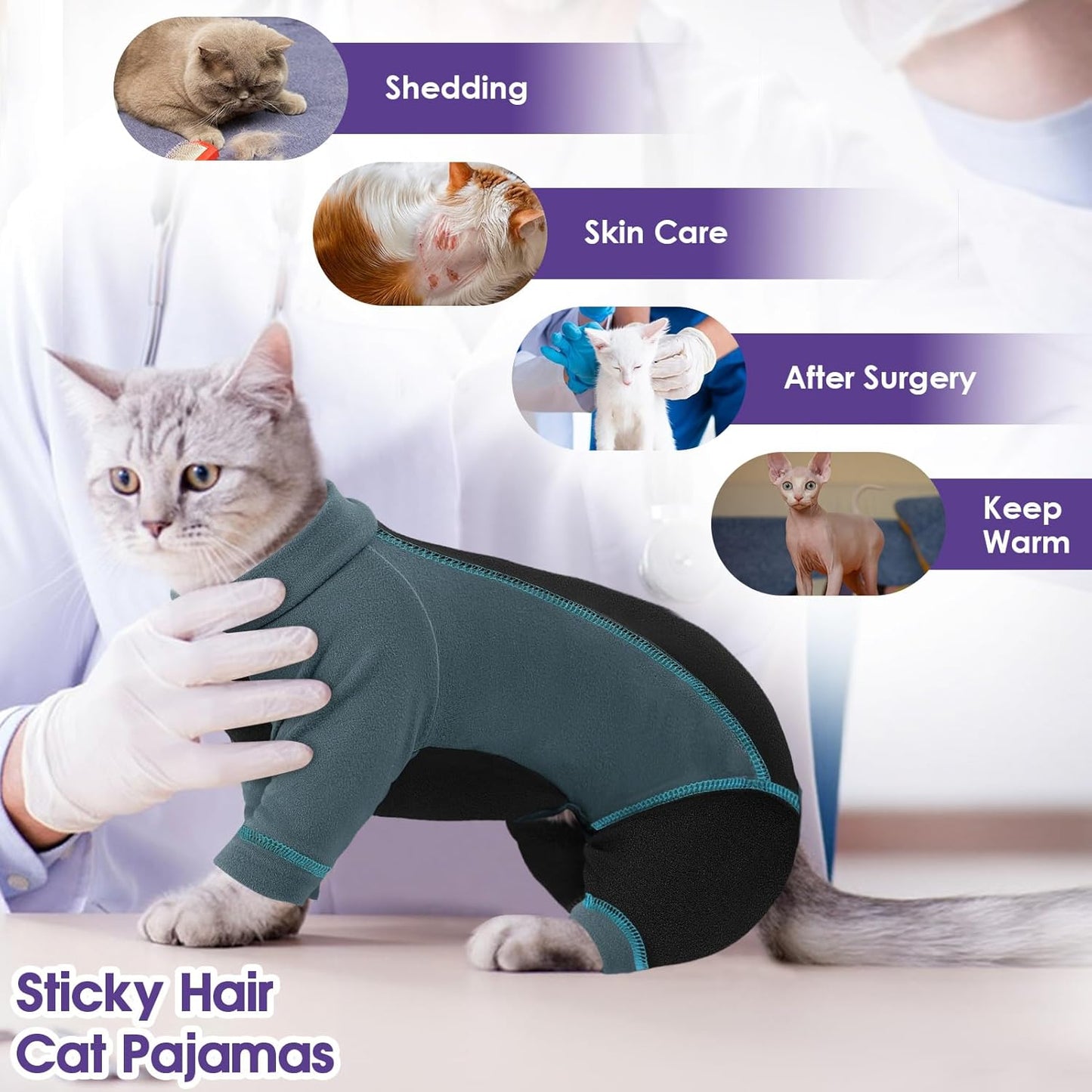 SUNFURA Hair Sticky Cat Clothes, Cat Sweater for Cats Only, 4-Legged Fleece Sweaters Kitten Pajamas Reduce Shedding Fur, Warm Pullover Shirts for Cats, Green S