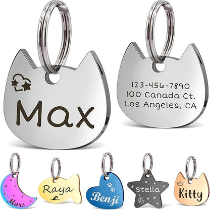 Anavia Small Size Dog Cat ID Tags, Small/XS Personalized Color Plated Stainless Steel Puppy Kitten Name Tags, Customized Engraved Nameplate Pet Collar Tag (Silver, Cat Head)