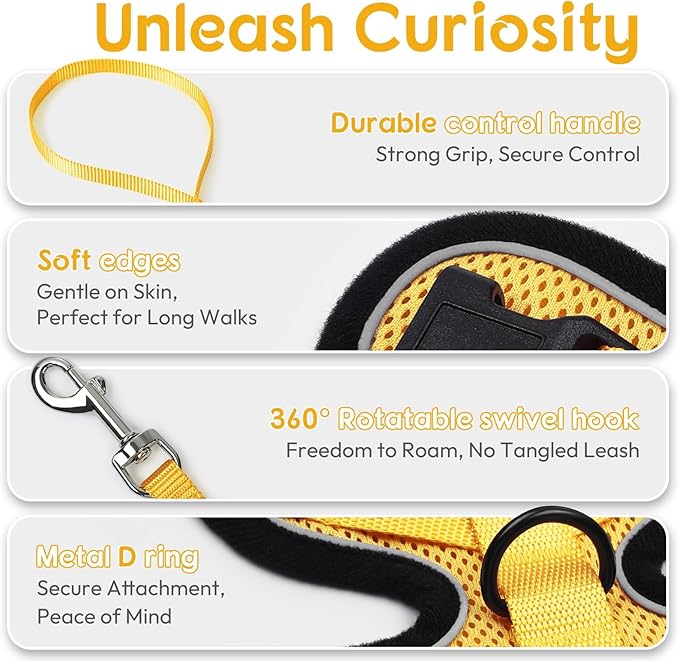 Dooradar Cat Harness and Leash Set, Escape Proof Safe Adjustable Kitten Vest Harnesses for Walking, Easy Control Soft Breathable Mesh Jacket with Reflective Strips for Cats, Yellow, XXS