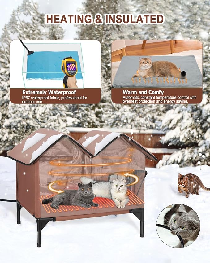 Heated Cat House for Outside, Large Elevated Waterproof Outdoor Cat House Weatherproof with Escape Doors and Heating Pad for Winter, Sturdy Insulated Outdoor Cat Shelter for Multiple Cats, Brown