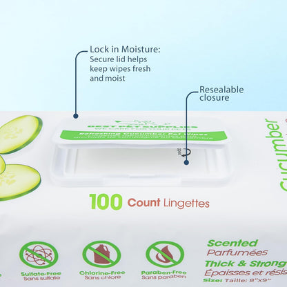 Best Pet Supplies Pet Wipes for Dogs - Dog Wipes Cleaning Deodorizing, for Coats, Ears, Paws – Refreshing, Cucumber 100 Count