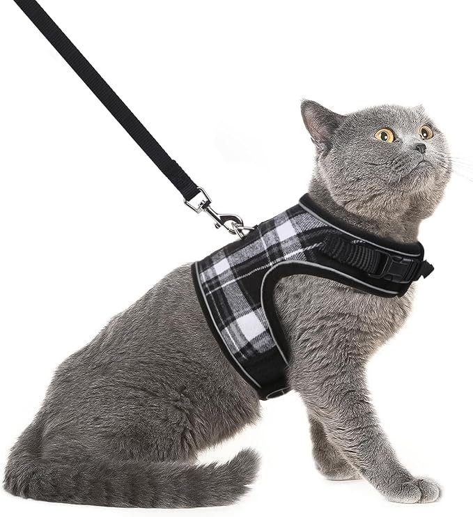 PUPTECK Soft Mesh Cat Vest Harness and Leash Set Puppy Padded Pet Harnesses Escape Proof for Cats Small Dogs Rabbits Bunny, Plaid Black, S