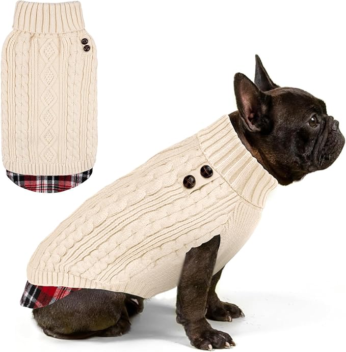 KYEESE Dog Sweater Warm Turtleneck Medium Dogs Sweater Thick Pet Coat for Fall Winter Cold Weather Stretchy Knitwear Cat Clothes with Gingham Patchwork Soft Pullover Dog Sweaters for Medium Dogs Girl
