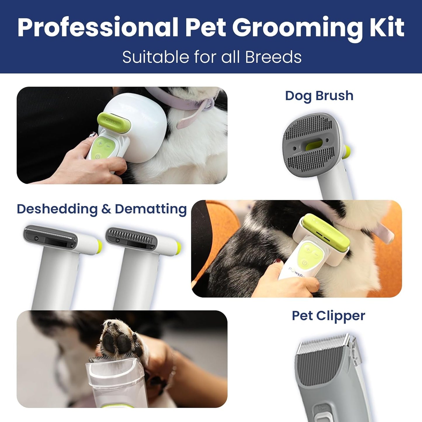 Professional Dog Grooming Vacuum Kit, Dogs & Cats, Direct Handheld Control, 7 Grooming Tools, Deshedding and Dematting for Grooming, Large 2.2L Dust Bin, UL, HEPA Filter