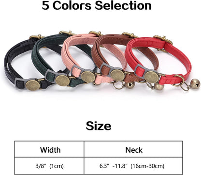 Leather Cat Collar Breakaway, Custom Cat Kitten Collar with Bells, Personalized Cat Collars with Name and Phone Number for Boy Girl Cats (Black, 6.3“-11.8“)