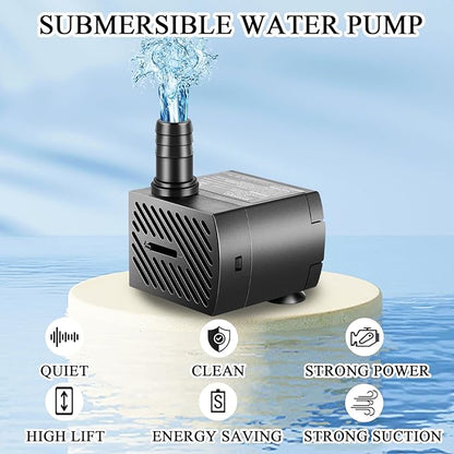 Submersible Pump, Small Fountain Pump with Tubing, Submersible Water Pump for Aquarium Fish Tank Indoor or Outdoor Pond Fountain Hydroponics Statuary (5W 95GPH, No Led Light)