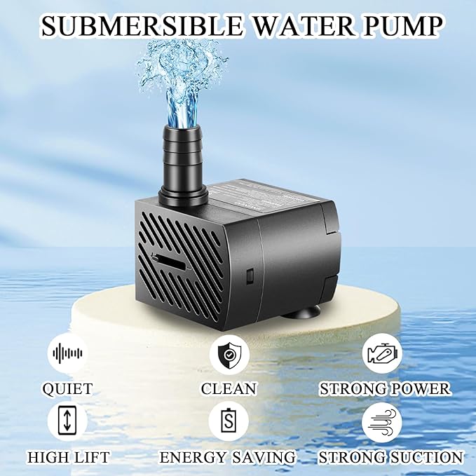 Submersible Pump, Small Fountain Pump with Tubing, Submersible Water Pump for Aquarium Fish Tank Indoor or Outdoor Pond Fountain Hydroponics Statuary (5W 95GPH, With Led Light)