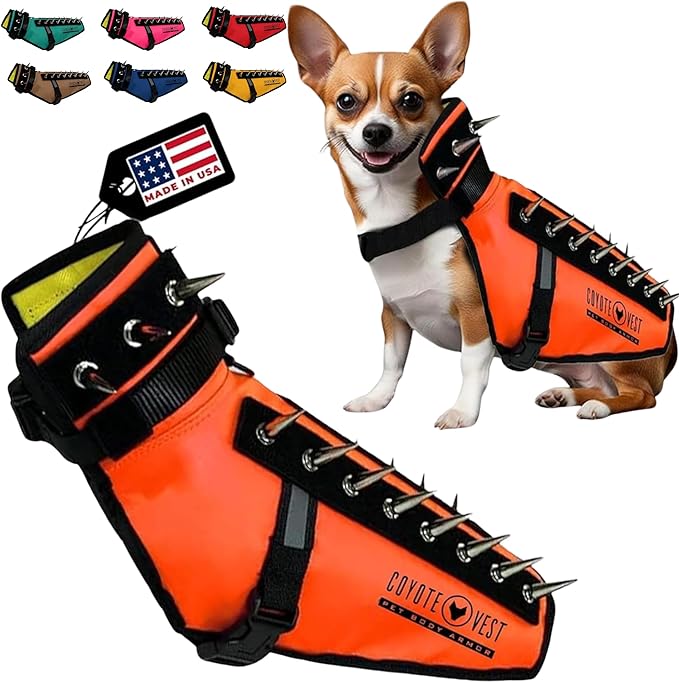 CoyoteVest Dog Harness Protection Vest, Reflective Dog Accessories with Spikes to Shield Your Pet from Raptor and Animal Attacks, Proudly Made in America (XS, Fluorescent Orange)