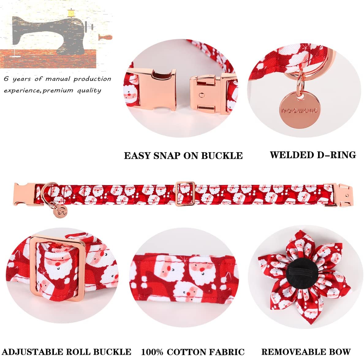 DOGWONG Christmas Dog Collar with Flower, Red Santa Claus Dog Collar Soft Durable Adjustable Cotton Puppy Collar for Small Medium Large Dog
