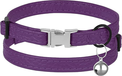 Leather Cat Collar with Buckle and Removable Bell - Non Breakaway Adjustable Soft Safety Small Pet Collars for Girl Boy Cats Kitten (Purple)