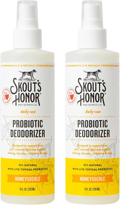 SKOUT'S HONOR Probiotic Pet Deodorizer Spray- Hydrating Daily-Use with Avocado Oil & Omega-3s, Microbiome Friendly Certiified, Paraben & Sulfate-Free, 97% Natural, 8oz, Honeysuckle, 2-Pack