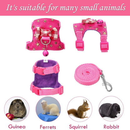 SATINIOR 2 Pieces Small Hamster Harness and Leash Set, Ferret Guinea Pig Clothes with Bowknot and Bell Decor, No Pulling Comfort Padded Vest Striped for Rats Bunny Rabbit Small Animals(S,Blue, Pink)
