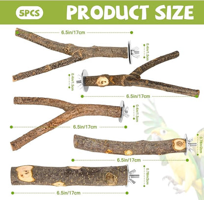 Natural Wood Bird Perches for Cage, Parrot Perch Stand & Platform, Bird Cage Accessories for Parakeets, Cockatiels, Conures, Lovebirds (Brown, Essential Perch Bundle - 5PCS)