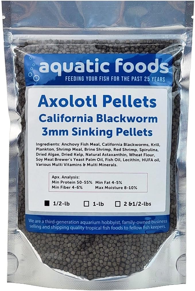 Aquatic Foods Inc. Axolotl Blackworm Pellets. 3mm-1/8 Sinking California Blackworm Medium Pellets for Medium/Large Axolotl, Frogs, Shrimp, Salamanders, Newts, Snails…1/2-lb Pouch Bag