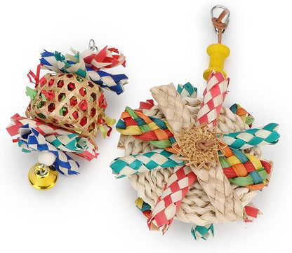 Hypeety Bird Foraging Toys Natural Seagrass Woven Basket Parrot Foraging Chewing Toy with Bell Parakeet Hanging Toys for Cockatiel Sun Parakeet Budgie Lovebirds (2pcs Bite Cake + Woven Basket)