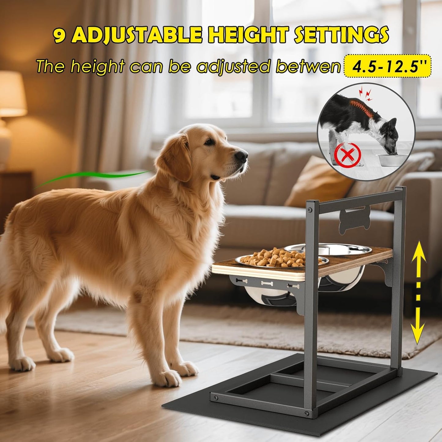 Elevated Dog Bowls with Slow Feeder - 9 Heights Adjustable Raised Dog Bowl Stand with Two 1.7L Stainless Steel Dog Food Bowls & Slow Feeder and a Nonslip Pad, Perfect for Medium Large Breed