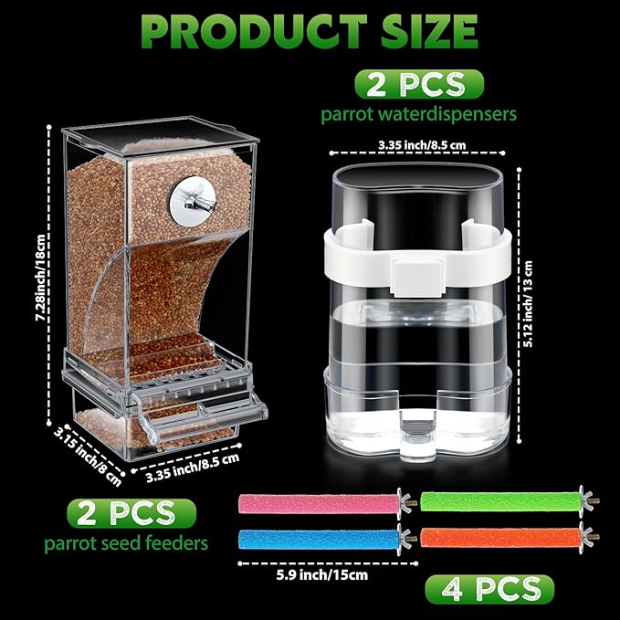 Yaomiao 4 Pcs No Mess Bird Feeders with 4 Pcs Cage Perch Automatic Clear Drinker Parakeet Seed Dispenser Quail Feeder and Watered Cage Accessories for Lovebirds Conures Budgies Canary Finch