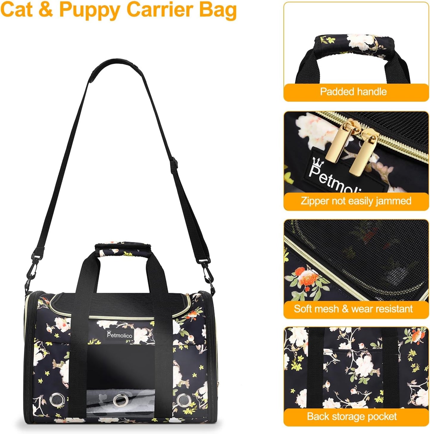 Petmolico Cat Carrier Soft-Sided Pet Bag for Small Medium Cats Puppies 16LBs - Airline Approved Pet Travel Carrier 3 Open Doors (Medium,Mixed Yellow)