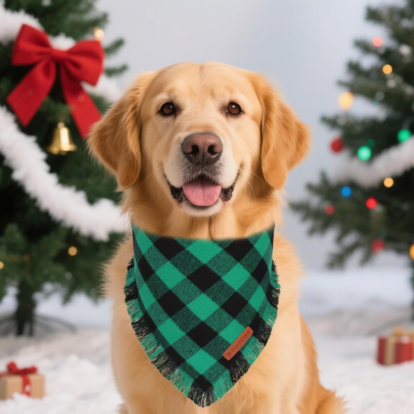 ADOGGYGO Christmas Dog Bandanas with Tassels, Classic Plaid Xmas Scarf Bib, Premium Cotton Fabric, Red Green Plaid Christmas Bandanas for Extra Large Dogs (X-Large)