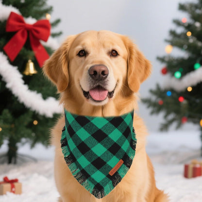ADOGGYGO Christmas Dog Bandanas with Tassels, Classic Plaid Xmas Scarf Bib, Premium Cotton Fabric, Red Green Plaid Christmas Bandanas for Extra Large Dogs (X-Large)