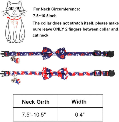 ADOGGYGO American Flag Cat Collar Breakaway with Bow Tie Bell - 2 Pack 4th of July Kitten Collar with Removable Bowtie Red Blue American Flag Collars for Cat Kitten