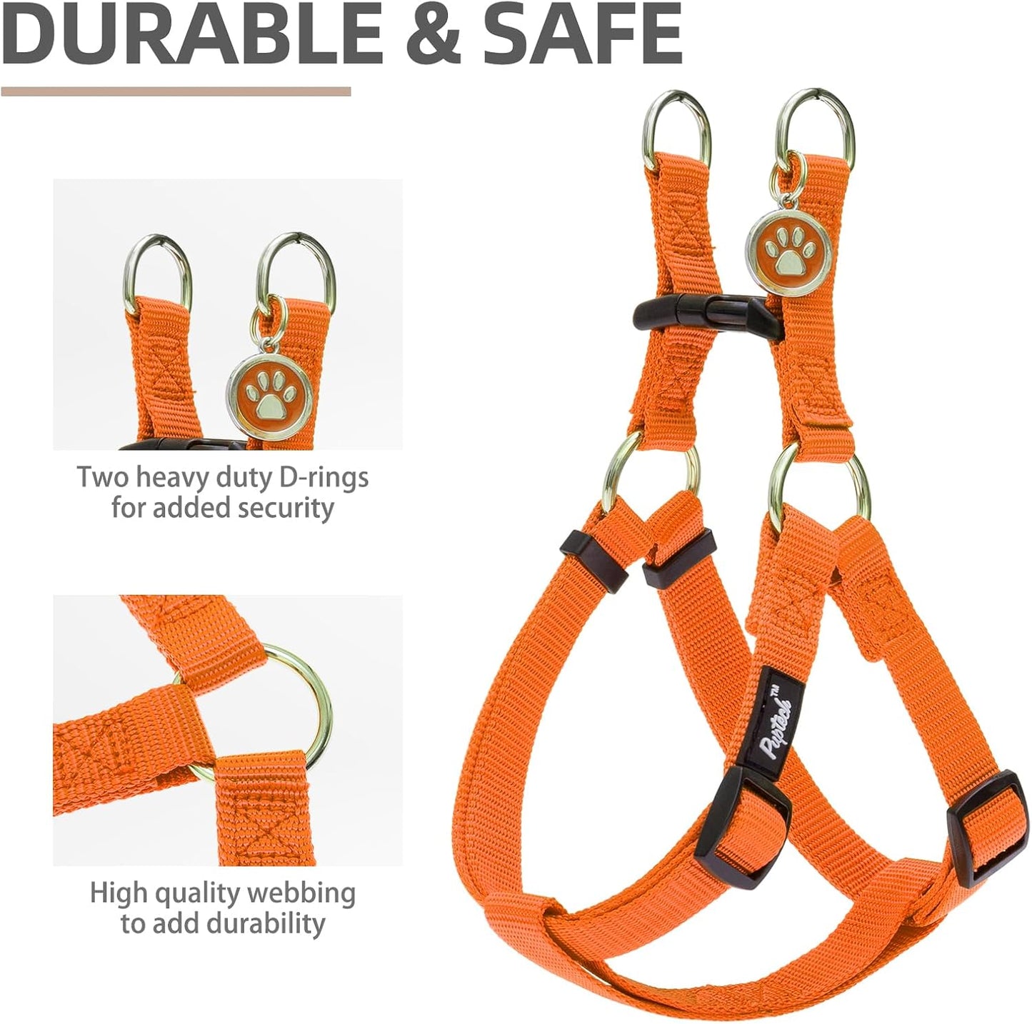 PUPTECK No Pull Dog Harness Soft Adjustable Basic Nylon Step in Puppy Vest Outdoor Walking with ID Tag and A-ir Tag Case, Orange, L