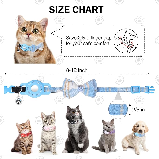 Airtag Cat Collar with Bells and Bowtie -Safety Elastic Band Kitten Collar for Apple Air Tag Holder- Cute GPS Cat Tracker Collars for Girl Boy Cats and Puppies, Adjustable 8"-12" Blue