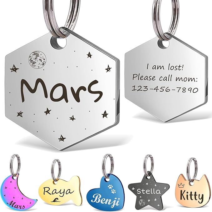 Anavia Small Size Dog Cat ID Tags, Small/XS Personalized Color Plated Stainless Steel Puppy Kitten Name Tags, Customized Engraved Nameplate Pet Collar Tag (Silver, Hexagon)