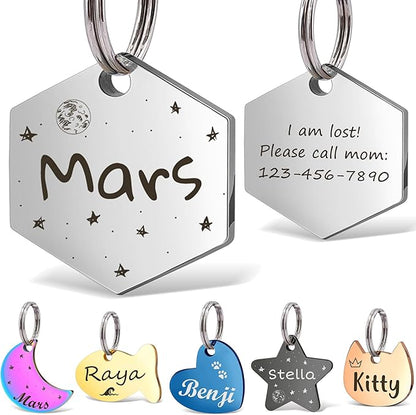 Anavia Small Size Dog Cat ID Tags, Small/XS Personalized Color Plated Stainless Steel Puppy Kitten Name Tags, Customized Engraved Nameplate Pet Collar Tag (Silver, Hexagon)