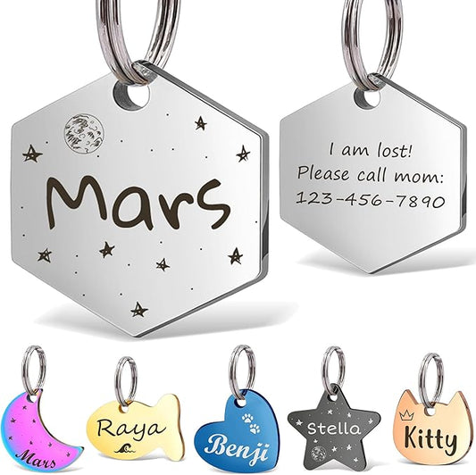 Anavia Small Size Dog Cat ID Tags, Small/XS Personalized Color Plated Stainless Steel Puppy Kitten Name Tags, Customized Engraved Nameplate Pet Collar Tag (Silver, Hexagon)