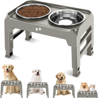 Elevated Bowls, 4 Height Adjustable Raised Stand With 2 Thick 50oz Stainless Steel Food Bowls, Non-Slip Feeder for Dogs, Adjusts to 3.7", 9.2", 10.75", 12.36" Light Brownish Gray