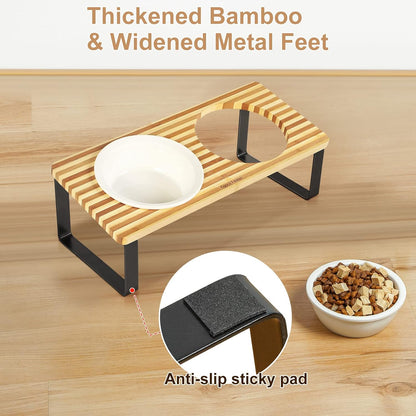 Sunhoo Ceramic Elevated Cat Bowls Raised Puppy Dishes for Food and Water Tilted Wooden Stand for Indoor Cats 5.5 inch Wide Double Dish Orthopedic Reduces Vomiting (Yellow&Brown)