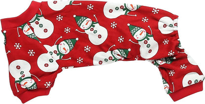 Lanyarco Cute Snowman Christmas Dog Pajamas, Soft Cotton Xmas Christmas Pajamas for Dogs Holiday Pet Clothes Onesie PJS, Red Medium Back Length 16"