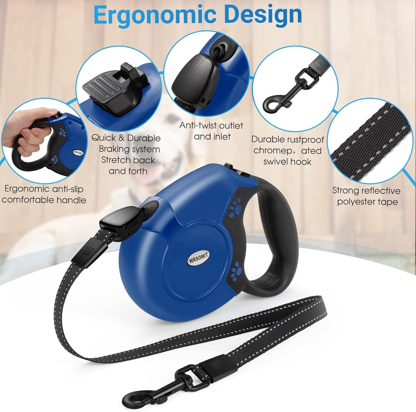Retractable Dog Leash, 26 Ft Heavy Duty Pet Walking Leash for Small Medium Large Dogs up to 99lbs, Anti-Slip Handle, 360 ° No Tangle, Nylon Tape, One-Handed Brake (Blue)