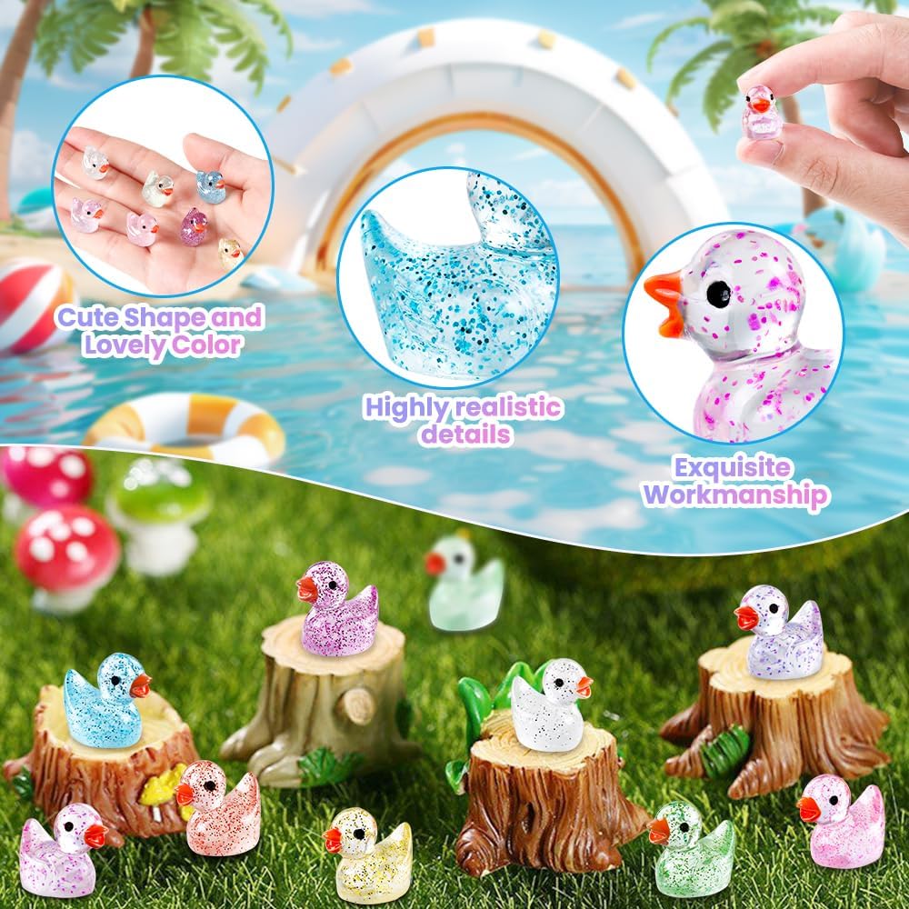200pcs Mini Glitter Ducks 12 Colors Tiny Small Little Resin Duck to Hide Animal Figures for Dollhouse Micro Garden Landscape Decoration Craft Party Favors Toys