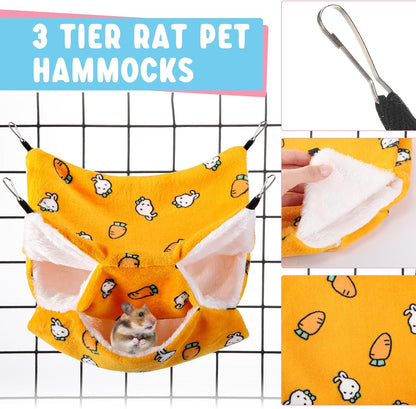 Sweetude 6 Pcs Rat Hammock Set Ferret Hanging Tunnel 3 Tier Guinea Pig Hammocks Hideout Soft Chinchilla Bed for Cage Accessories Hide,Play and Sleep (Sun,Bear)