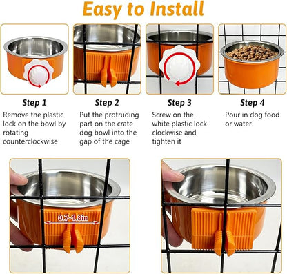 Hamiledyi Crate Dog Bowl Cat - Removable Stainless Steel Hanging No Spill Pet Bowl for Kennels Durable Detachable Design Fits Small Medium Dog Cages (2 Pcs, Orange