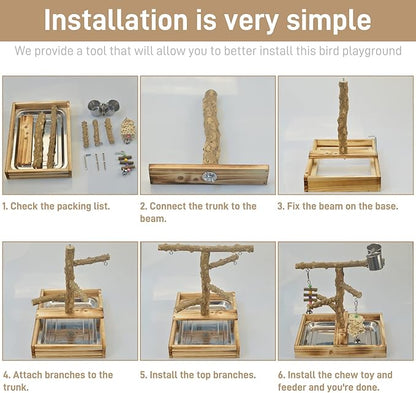 Natural Wood Bird Toys Playground, Bird Cage Accessories, Bird Perches, with Removable Tray and 2 Stainless Steel Cups